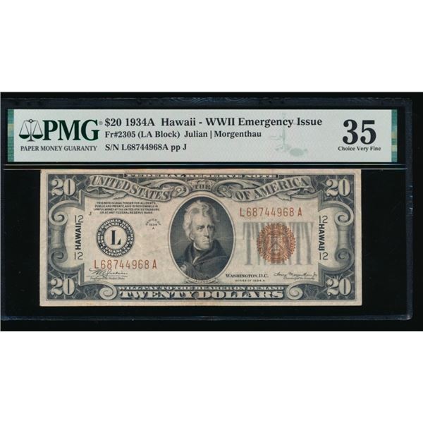 1934A $20 Hawaii Mule FRN PMG 35