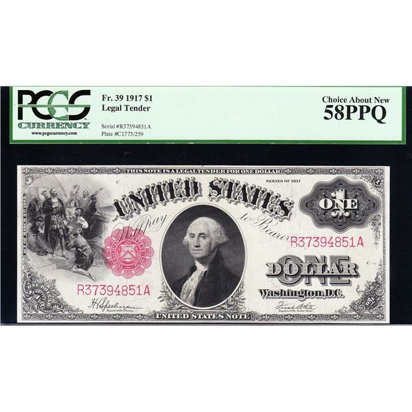 1917 $1 Legal Tender Note PCGS 58PPQ