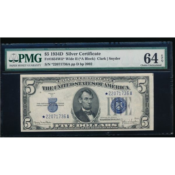 1934D $5 Silver Certificate Star Note PMG 64EPQ