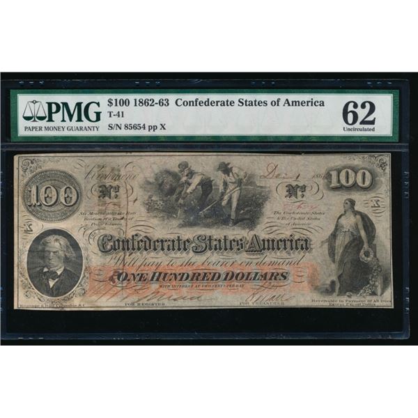 1862 $100 T-41 Confederate PMG 62