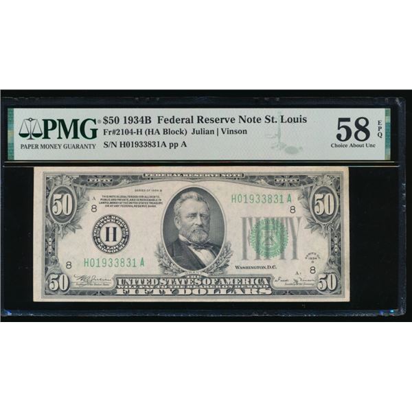 1934B $50 St Louis FRN PMG 58EPQ