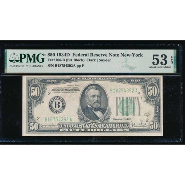 1934D $50 New York FRN PMG 53EPQ