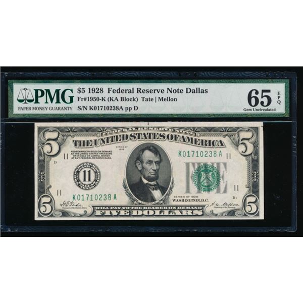 1928 $5 Dallas FRN PMG 65EPQ