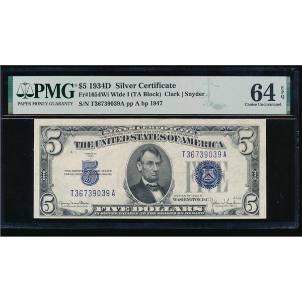 1934D $5 Silver Certificate PMG 64EPQ
