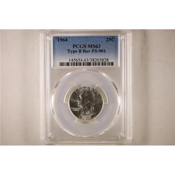 1964 TYPE B. WASHINGTON QUARTER PCGS MS63 FS-901