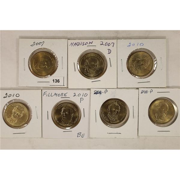 7 ASSORTED BRILLIANT UNC PRESIDENTIAL DOLLARS