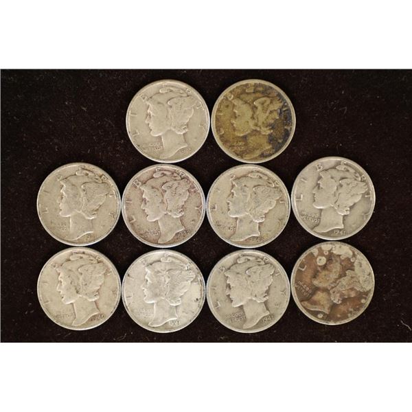 10 ASSORTED 1940'S SILVER MERCURY DIMES