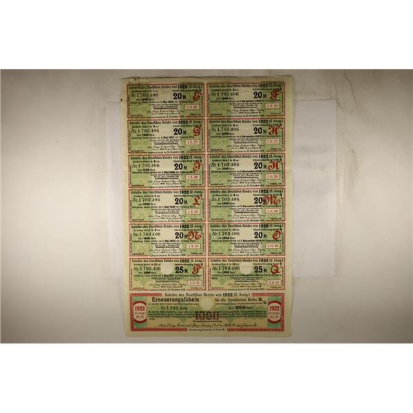 1922 GERMAN 1000 MARK BOND WITH ALL 12 COUPONS