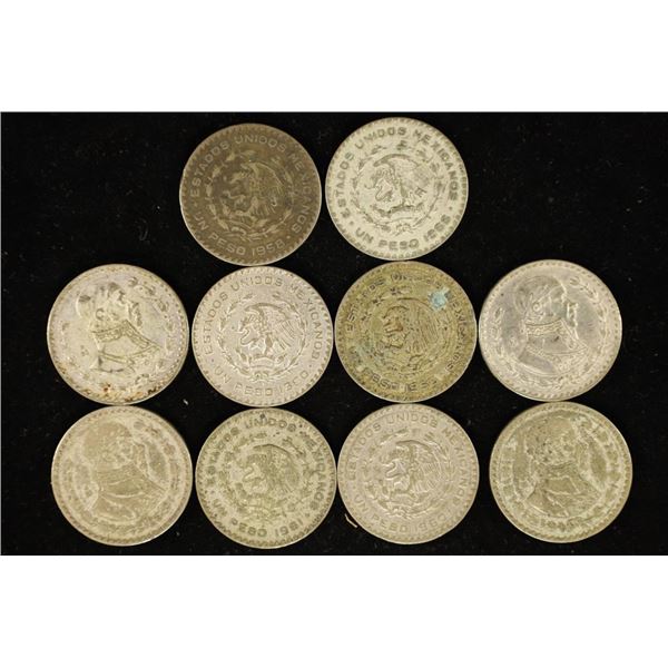 10 ASSORTED 1958-1966 .100 SILVER MEXICO PESOS
