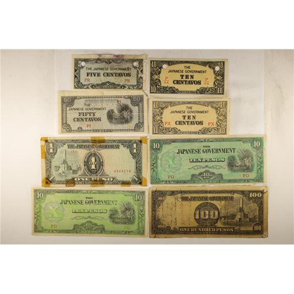 8 PIECES OF WWII INVASION CURRENCY 5 CENTAVOS,