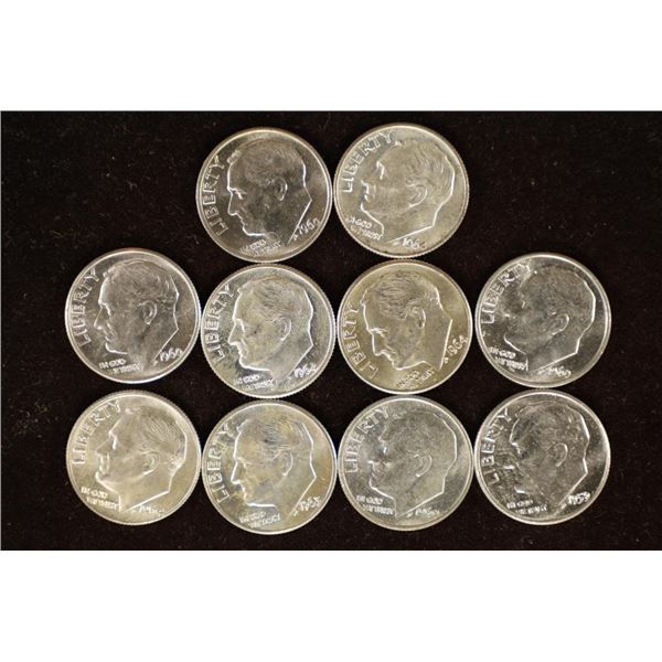 10-ASSORTED 1959-1964 BRILLIANT UNC SILVER