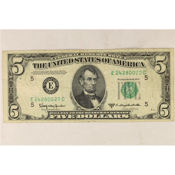 1950-D $5 FRN GREEN SEAL VERY LIGHT RED PENCIL