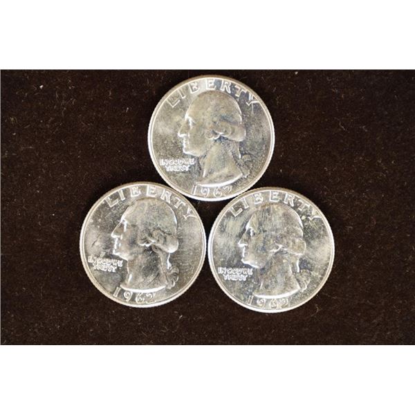 3-1962 WASHINGTON SILVER QUARTERS BRILLIANT UNC