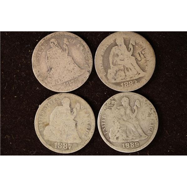 1875, 1883, 1887 & 1889 SEATED LIBERTY DIMES