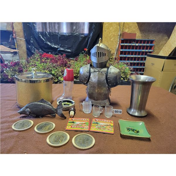 Assorted Bar Accessories - Suit of Armor Shot Glass & Bottle Holder - Ice Bucket - Coasters etc...