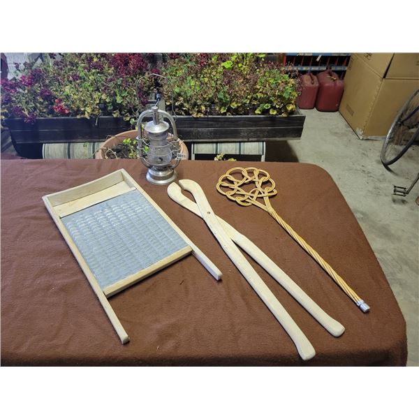 Antique Wash Board, Wooden Tongs, Rug Beater & Lantern