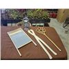 Image 1 : Antique Wash Board, Wooden Tongs, Rug Beater & Lantern