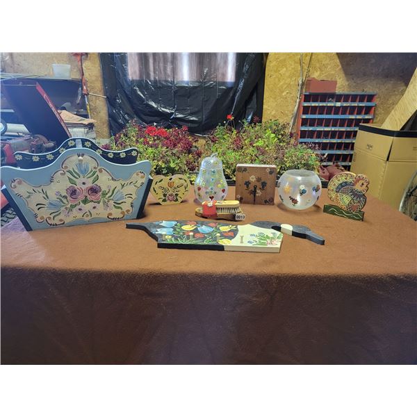 Assorted Hand-Painted Swiss Art - Clock - Hanger - Wooden Basket etc...