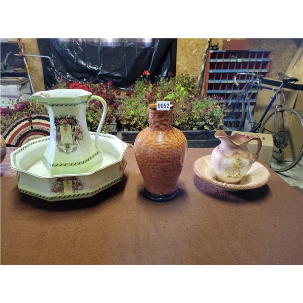 Brown Weave Style Ceramic Vase and Bowl - Large Antique Wash Basin - Small Wash Basin