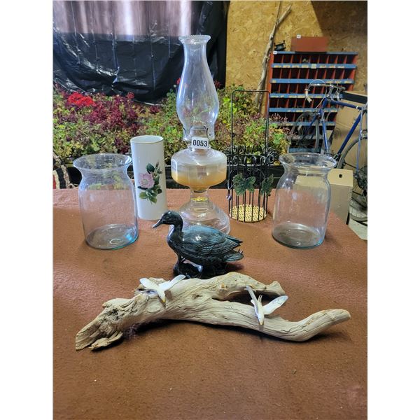 Glass Vases x2 - Ceramic Duck - Oil Lamp - Wine Bottle Holder - Driftwood with Seagulls