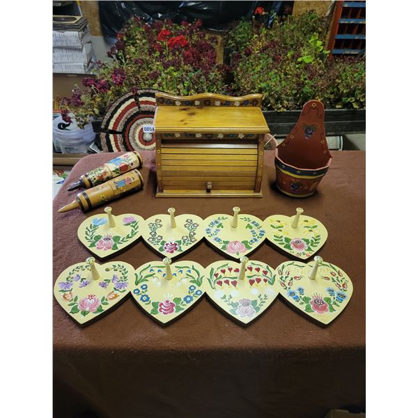 Swiss Hand-Painted Bread Box, Coat Hooks - Long Matches Holders - Wall Hanging 1/2 Bucket