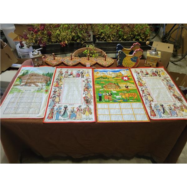 Swiss Calendar Hangings (5) - Hand-Painted, Coat Rack - Coffee Grinders x2 - Chicken Box