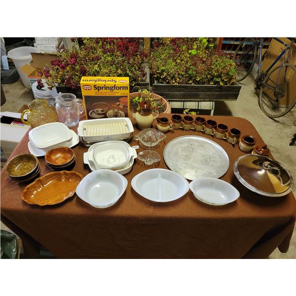 Corning Ware, Serving Trays, Ceramic Tea Set, Glass Pitchers, Wooden Bowls, Cake Pan, Candy Dish