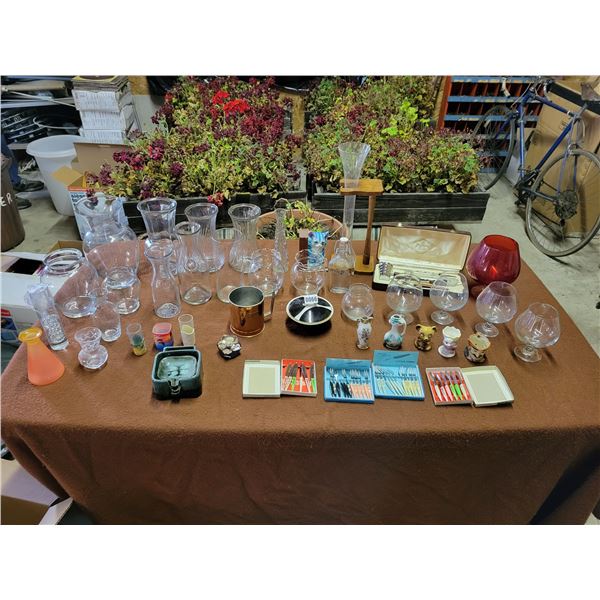 Various Clear Glass Vases - Appy Fork & Knives - Brandy Sniffers - Bar Set - Small Figurine