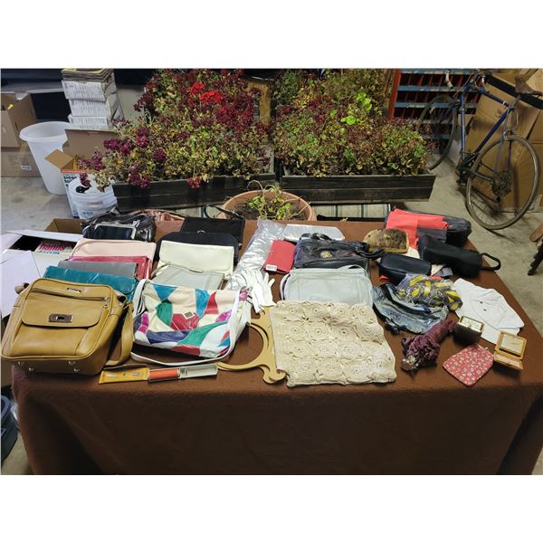 Assortment of Purses, Bags, Wallets, Gloves, Travel Clocks