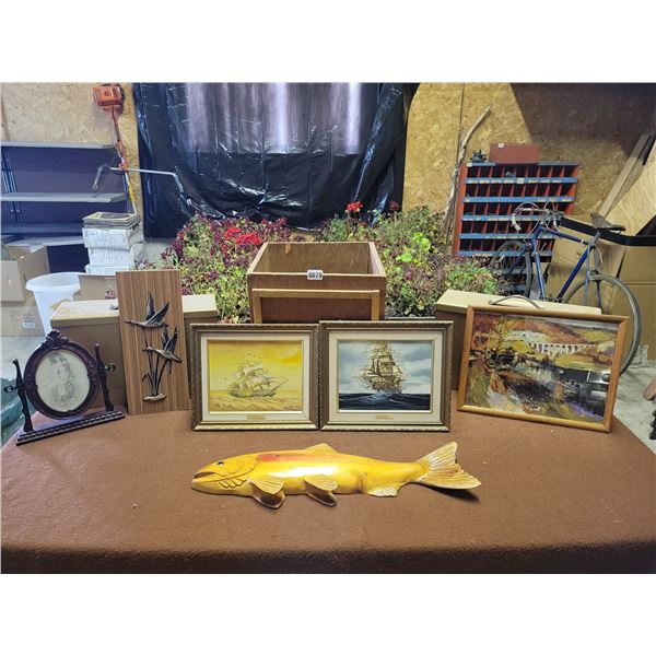 2 Sailing Ship Oil Paintings - Print of a Bridge - Wooden Fish - Canadian Geese Plaque - Oval Stand