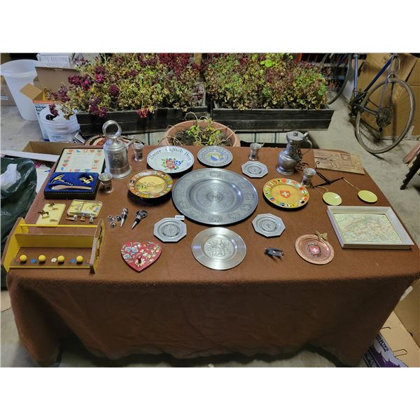 Swiss Metal Plaques, Various Sizes - Austrian Metal Figurines Hand-Painted - Pewter Jugs etc...