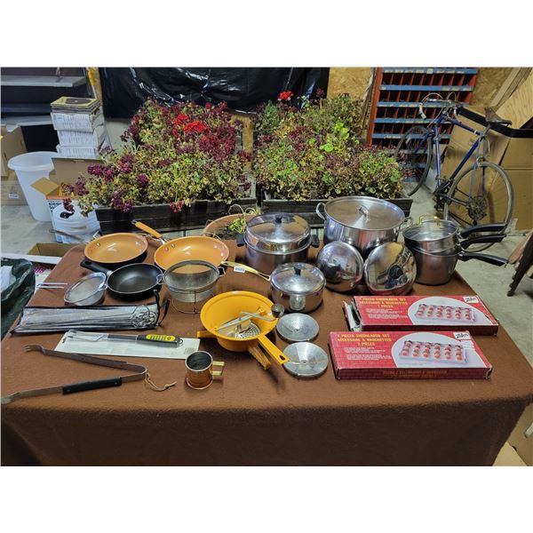 Various Sizes & Kinds of Pots & Pans with Lids - Shish kabab Sets x2 - Potato Ricer - Strainers