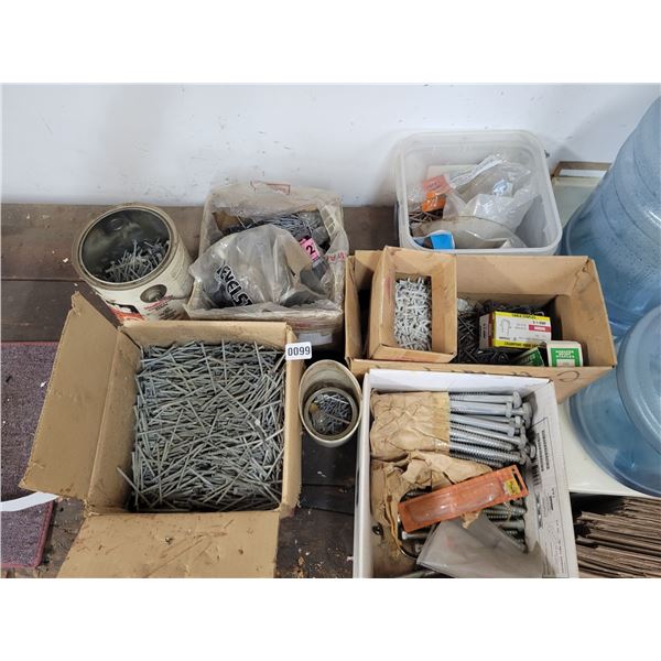 Assorted Hardware - Nails, Large Bolts, Cable Staples & Spacers