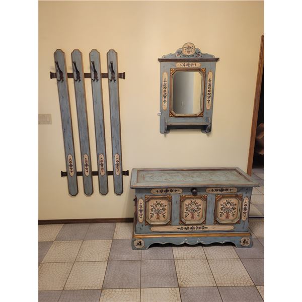 Swiss Hand-Painted Coat Rack, Shoe Chest, Mirror, Bird Rock