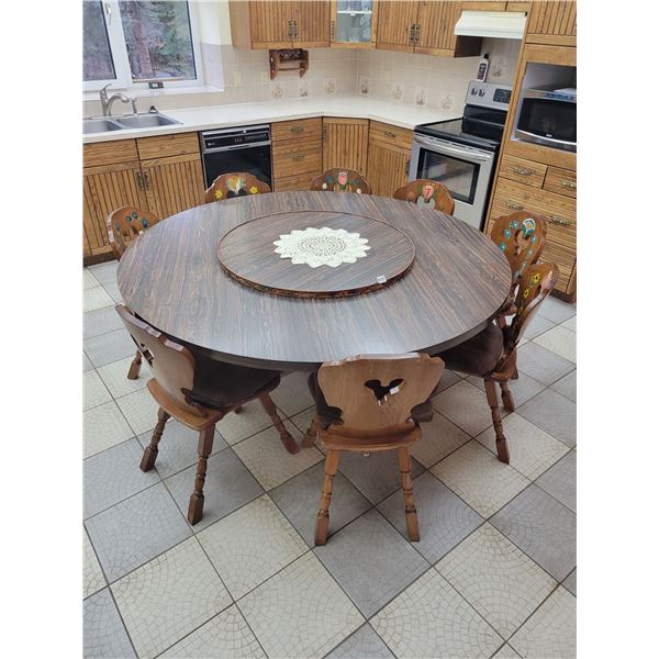 Large Round Kitchen Table with Lazy Susan & 8 Swiss Hand-Painted Chairs
