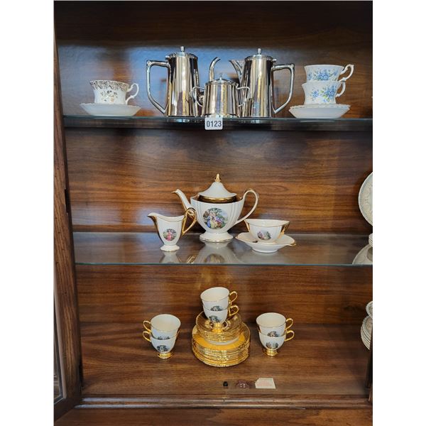 Gold/White Tea Set - "Mom" Cup & Saucer - Silver Colored Tea Pot, Coffee Pot & Sugar Dish