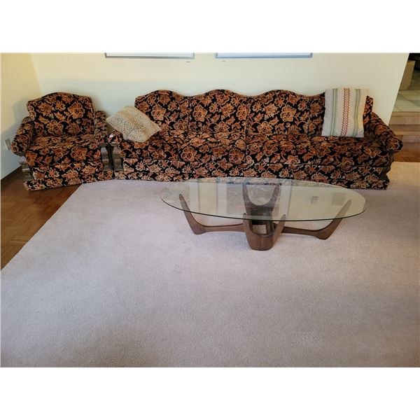 Orange/Black Sofa, Armchair, & Glass Top Coffee Table.
