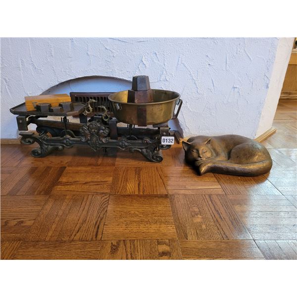 Cast Iron Scale with Weights & Bronze Laying Cat Ornament