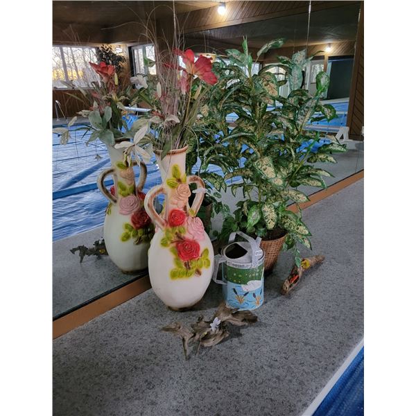 Tall Pitcher Vase with Silk Plants and Driftwood