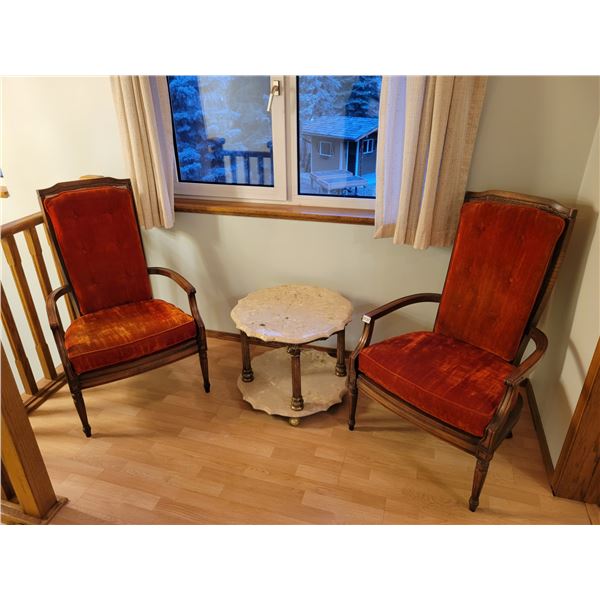 Red Velvet Chairs x2 with 2 level Marble Table on Wheels