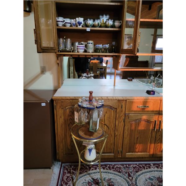 Swiss Hand Painted Ceramic Cups - Beer Steins - Brass/Glass Table - Stand with Glasses & Bottle