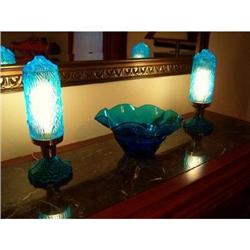 Pair of Art Deco Blue Aqua Boudoir Lamps #2327534