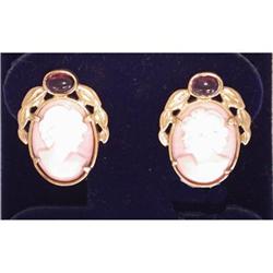 Vintage 14k Gold Coral Cameo & Garnet Earrings #2327580