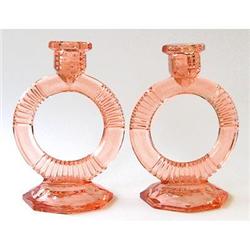 Art Deco Pink Depression Glass Candlesticks #2327875