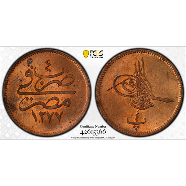 EGYPT (OTTOMAN): Abdul Aziz, 1861-1876, AE 4 para, Misr, AH1277 year 4, PCGS graded MS64 +RD