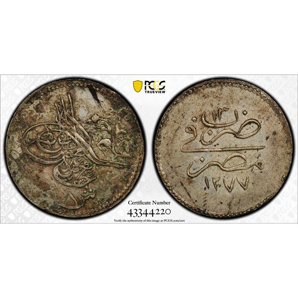 EGYPT (OTTOMAN): Abdul Aziz, 1861-1876, AR qirsh, Misr, AH1277 year 13, PCGS graded AU58