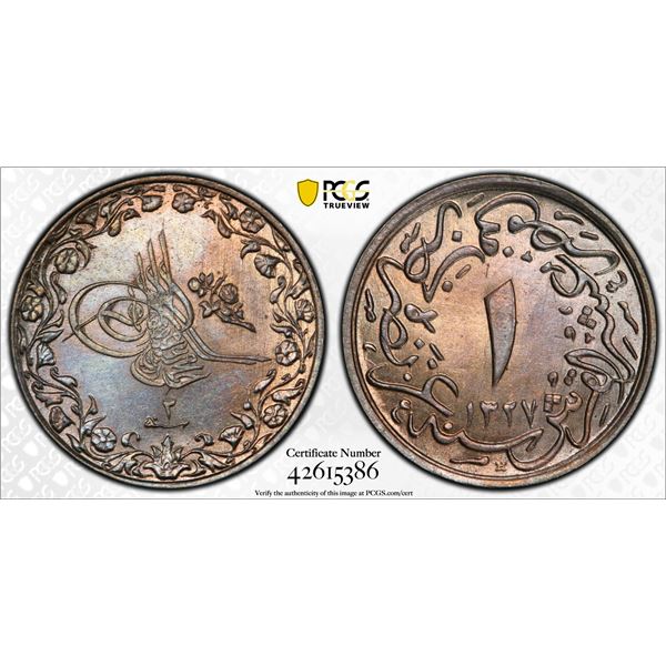EGYPT (OTTOMAN): Mehmet V, 1909-1914, 1/10 qirsh, Misr, AH1327 year 2, PCGS graded MS63
