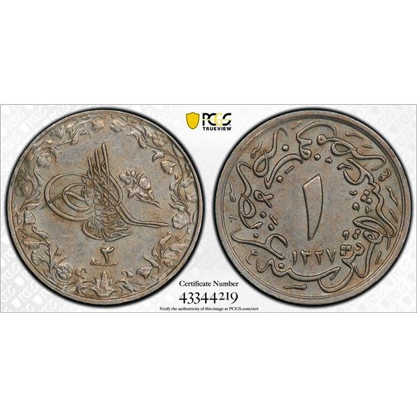EGYPT (OTTOMAN): Mehmet V, 1909-1914, 1/10 qirsh, Misr, AH1327 year 3, PCGS graded MS62