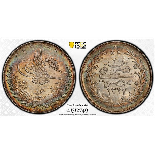 EGYPT (OTTOMAN): Mehmet V, 1909-1914, AR qirsh, Misr, AH1327 year 3, PCGS graded MS66