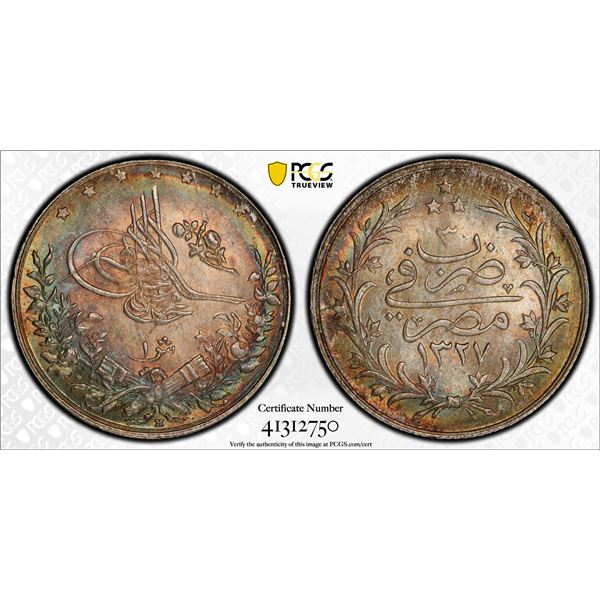 EGYPT (OTTOMAN): Mehmet V, 1909-1914, AR qirsh, Misr, AH1327 year 3, PCGS graded MS66